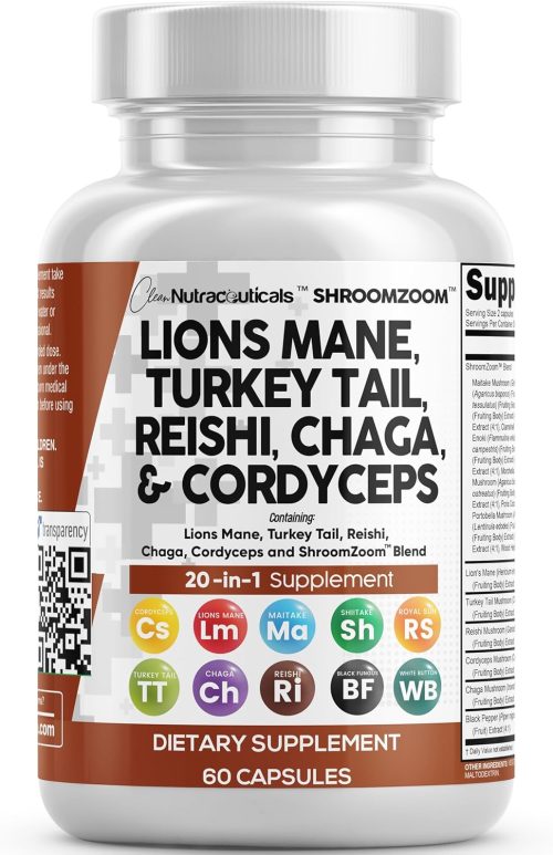 Clean Nutraceuticals Lions Mane 20in1 Mushroom Supplement with Turkey Tail Reishi Cordyceps Chaga Maitake Meshima Poria Cocos Shiitake Oyster Porcini Enoki – Pack