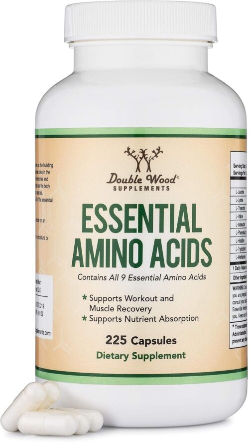 Essential Amino Acids – 1 Gram Per Serving Powder Blend of All 9 Essential Aminos (EAA) and All Branched-Chain Aminos (BCAAs) (Leucine, Isoleucine, Valine) 225 Capsules, Gluten Free by Double Wood