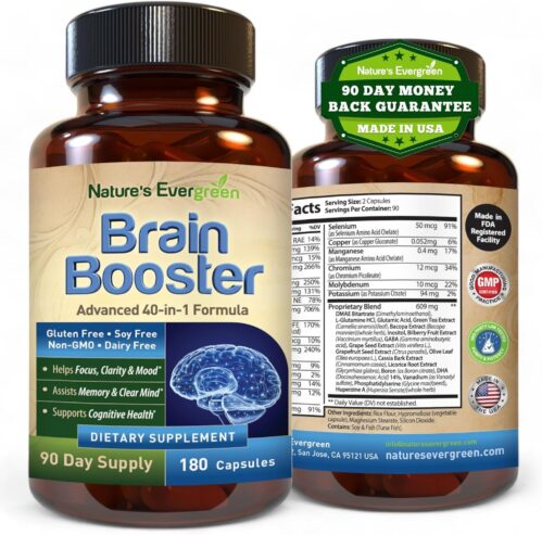 Brain Booster 40-in-1 Formula Supplement for Focus, Memory, Clarity, Energy | for Men & Women, Cognitive Function Nootropic Support with DMAE, Brain Health Formula | (180 Capsules – 90 Day Supply)
