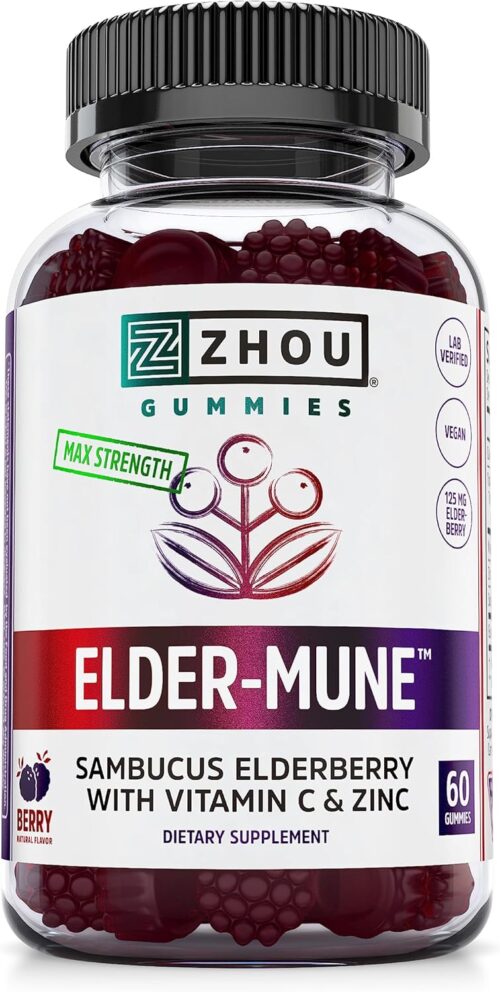 Zhou Nutrition Elder-Mune Sambucus Elderberry Gummies with Zinc and Vitamin C for Kids & Adults (Age 4+) Immune Support with Antioxidants, Vegan, Gluten Free, Non-GMO, 30 Servings, 60 Gummies