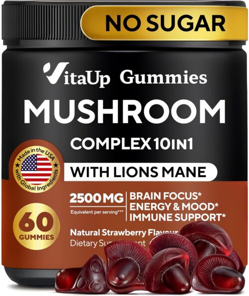 Mushroom Gummies for Adults – USA Made 10 in 1 Mushroom Supplement – Mushroom Complex with Lions Mane, Cordyceps, Turkey Tail, Reishi, Shiitake for Cognitive & Immune Support – 60 Count