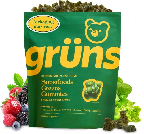 Gruns Adult Super Greens Gummies – Superfood Gummy Bears with Spirulina, Chlorella & Prebiotics for Digestive Health – Adaptogens Supplement with 20 Vitamins & Minerals, Low Sugar- 2-Week Supply