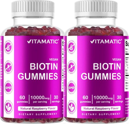 Vitamatic Biotin Gummies 10,000 mcg for Stronger Hair, Skin & Nails – 60 Vegan Gummies – Also Called Vitamin B7 (2 Bottles)