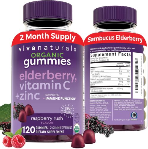 Viva Naturals Organic Sambucus Elderberry Gummies for Adults (120 Count) – 3in1 Black Elderberry Vitamin C and Zinc Immune Support Gummies, Chewable Elderberry Supplements, Zinc Immunity Gummies