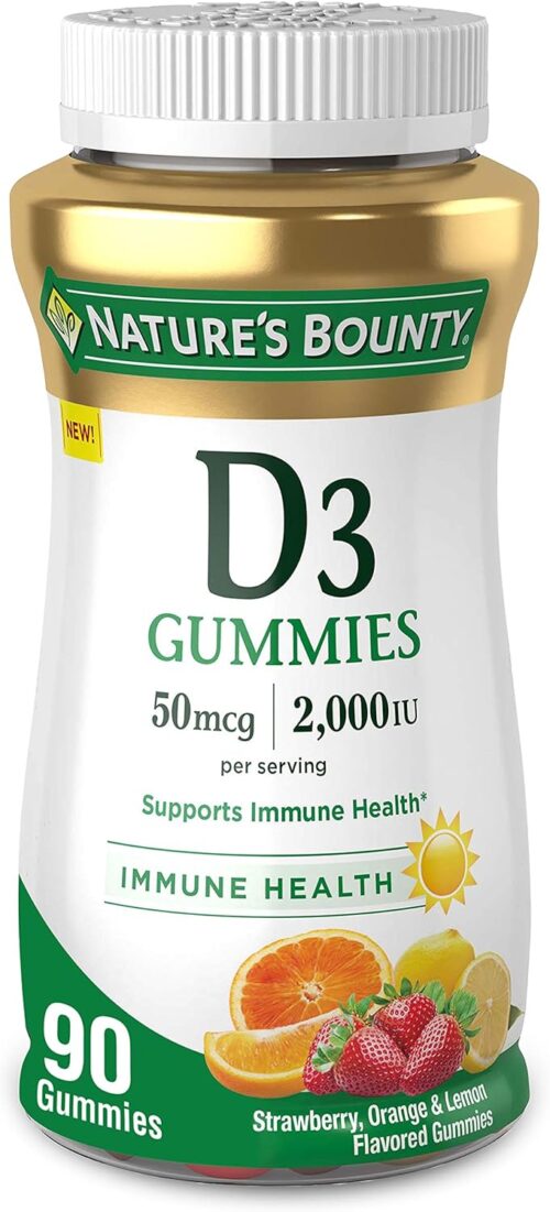 Vitamin D3 Gummies by Nature’s Bounty, Vitamin Supplement, Supports Immune Health, 50mcg, 2000IU, Mixed Fruit Flavor, 90 Gummies