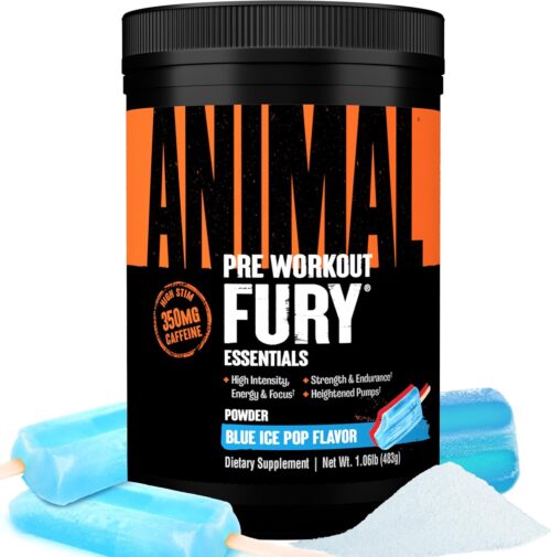Animal Fury Pre Workout Powder – Energy and Focus Supplement with 5g BCAA, 350mg Caffeine Nitric Oxide Booster with Beta-Alanine, Preworkout for Men and Women, Blue Ice Pop Flavor, 30 Servings