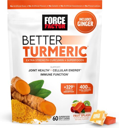FORCE FACTOR Better Turmeric Supplement 400mg with Black Pepper & Ginger, Extra Strength Joint Support, Superior Absorption, Like Turmeric Gummies, Fruit Splash, 60 Turmeric Chews