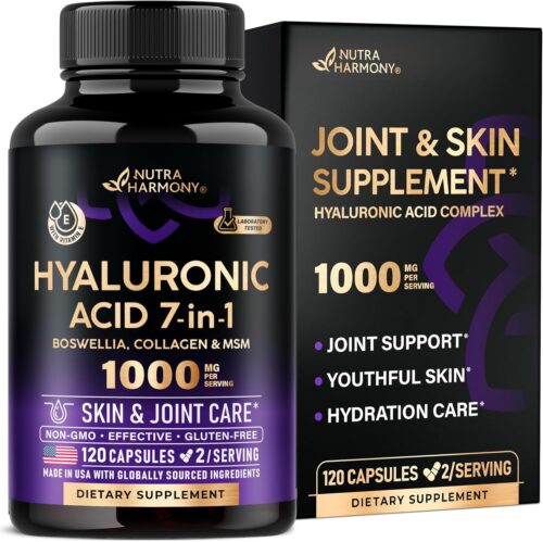 Hyaluronic Acid Supplements 1000 mg – Skin & Joint Hydration, Joint Discomfort Relief – 7-in-1 with Collagen, MSM, Boswellia & Vitamins – Hyaluronic Acid Capsules, Pills – Made in USA – 120 Capsules