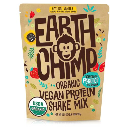 EarthChimp Organic Vegan Protein Powder – with Probiotics – Non GMO, Dairy Free, Non Whey, Plant Based Protein Powder for Women and Men, Gluten Free – 26 Servings 32 Oz (Vanilla)