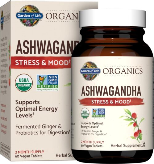Garden of Life Organics Ashwagandha Stress, Mood & Energy Support Supplement with Probiotics & Ginger Root for Digestion – Vegan, Gluten Free, Non GMO – 2 Month Supply, 60 Tablets
