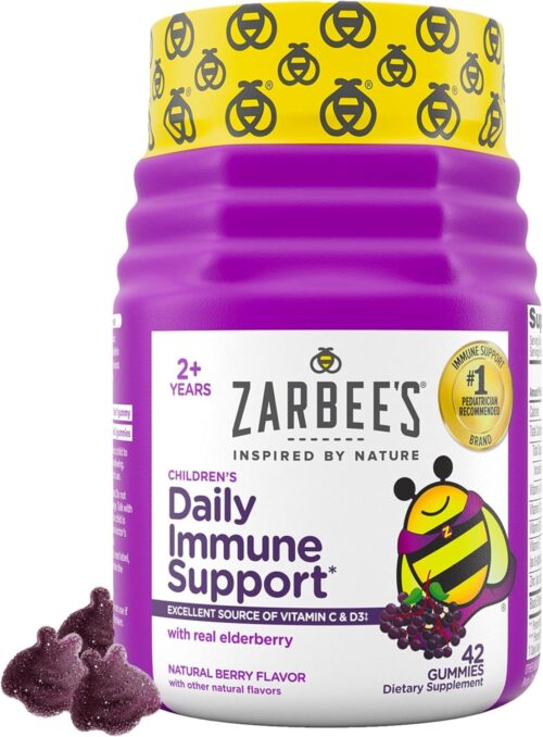 Zarbee’s Children’s Daily Immune Support Gummies with Real Elderberry + Vitamins A, C, D, E & Zinc to Help Promote a Healthy Immune System, No Artificial Flavors, Gluten-Free, 42 ct