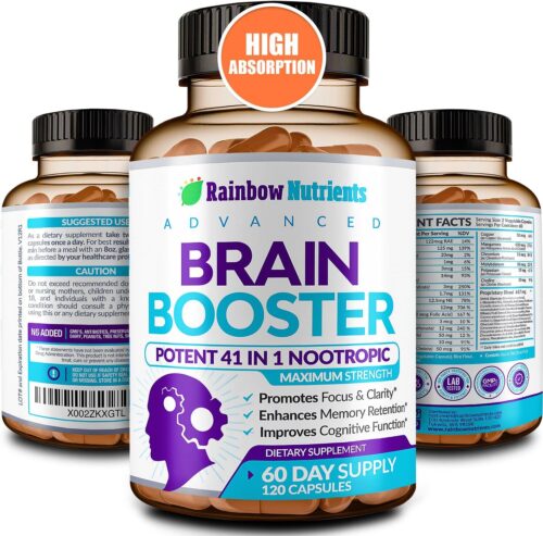 40-in-1 Brain Booster Supplements for Memory, Focus, Clarity, Energy, Performance | Natural Nootropic Brain Support Supplement with DMAE, Bacopa Monnieri & More | For Men & Women | 120 V Capsules