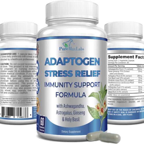 Adaptogen Stress Relief Immune Support Formula – Adaptogenic Adrenal Support with Ashwagandha, Astragalus, Ginseng, Holy Basil, Rhodiola, Amla, Maca, Schisandra, Non-GMO – 60 Capsules