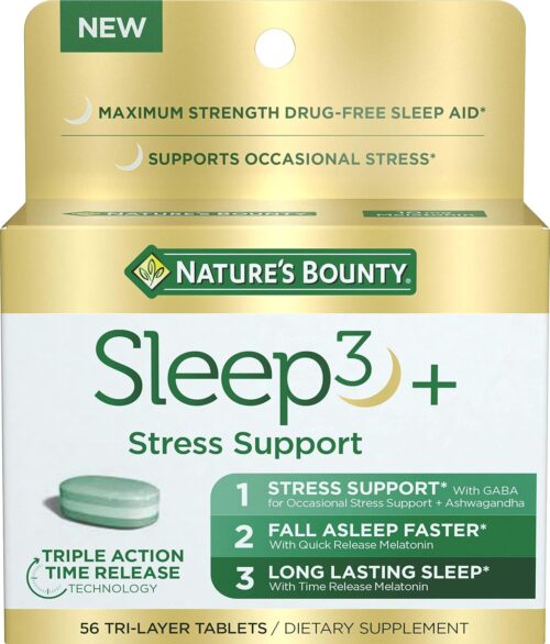 Nature’s Bounty Stress Support Melatonin by Sleep3, 10mg, Tri-Layered Tablets, 56 Count