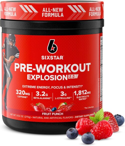 Six Star Pre-Workout Powder for Men & Women, Fruit Punch (30 Servings) – Preworkout Explosion 2.0 Energy Powder Drink Mix with Beta-Alanine & Caffeine – Sports Nutrition Supplement Products