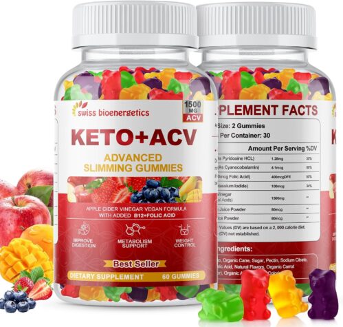 Keto Apple Cider Vinegar Gummies, Keto ACV Gummy Diet Supplement, Advanced 1500mg ACV Gummies with Folate, B12、B6 and Keto Support for Women Men, Gelatin- Free, Vegan & Non-GMO (Multi-Flavor)