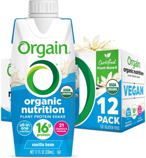 Orgain Organic Nutritional Vegan Protein Shake, Vanilla Bean – 16g Plant Based Protein, Meal Replacement, 21 Vitamins & Minerals, Fruits & Vegetables, Gluten Free, Non-GMO, 11 Fl Oz (Pack of 12)