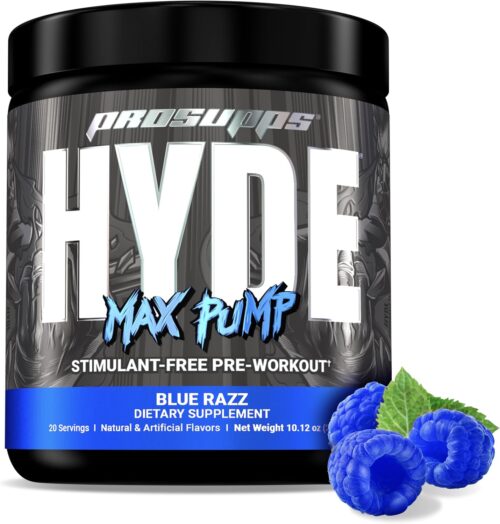 PROSUPPS Hyde Max Pump Pre Workout for Men and Women – Nitric Oxide Supplement for Pump and Endurance – Stimulant Free Pre Workout to Promote Blood Flow and Muscle Strength (Blue Razz, 20 Servings)