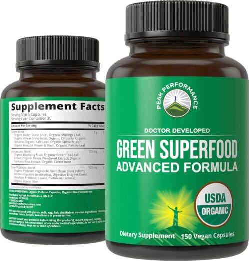 Organic Super Greens 150 Capsules – Green Juice Superfood Supplement with 25 All Natural Organic Ingredients. Max Energy and Detox Super Food Pills with Spirulina, Spinach, Kale, Turmeric, Probiotics