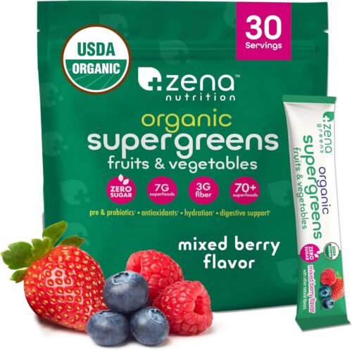 Zena Organic Super Greens Powder, 70+ Superfoods Drink Mix, 0 Sugar, 3G Fiber, Fruits, Veggies, Spirulina, Chlorella, Antioxidants, Pre & Probiotics, Digestive Enzymes, Mixed Berry Flavor, 30 Packets