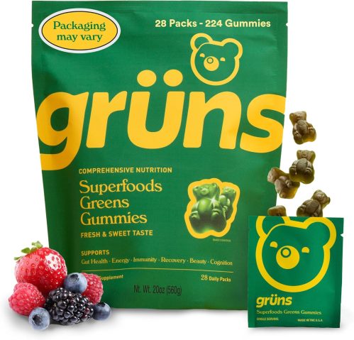 Gruns Adults Super Greens Gummies, Superfood Gummy Bears with Spirulina, Chlorella & Prebiotics for Digestive Health – Adaptogens Supplement with 20 Vitamins & Minerals, Low Sugar- 1 Month Supply