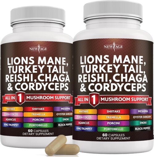 NEW AGE Lions Mane Mushroom Supplement with Turkey Tail Reishi Cordyceps Chaga with Marshmallow Root – 120 Count