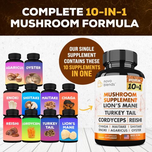 Mushroom Supplement 10x Complex – Lions Mane, Turkey Tail, Cordyceps, Reishi, Chaga, Maitake, Shiitake, Oyster Extract Mushrooms – Nootropic Brain Support Supplements for Memory and Focus